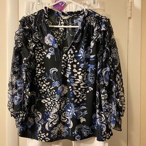 Cato Black Blue and White Floral V-Neck Long Sleeve Blouse
